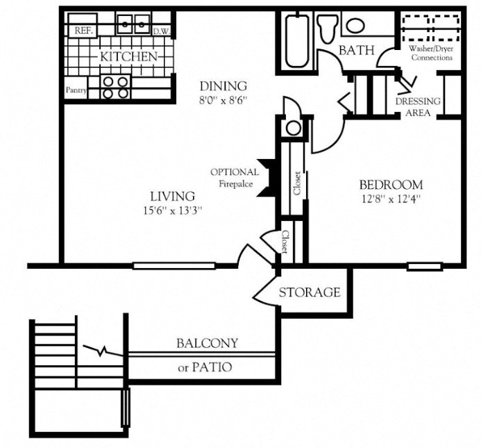Floor plan for 1 bed, 1 bath, 748 sqft